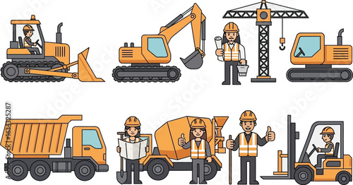 Construction vehicles and workers illustration with various equipment and personnel on a white backdrop