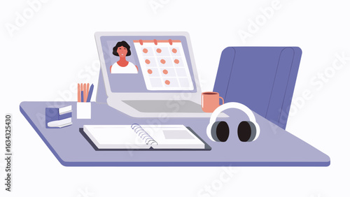 Illustration of a desk setup with a laptop showing a video call and office related items around it