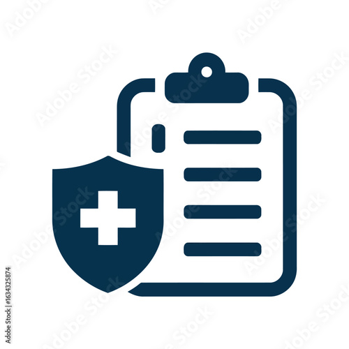 Dark blue shield with white cross beside medical document healthcare insurance