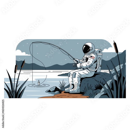 An astronaut in a spacesuit fishes by a serene body of water under a starry sky.