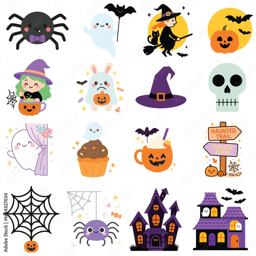 Naklejka premium Bundle of Trendy Cute Halloween Pumpkin Clipart t-shirt, Spooky Horror Characters illustration, Ghost Doodle design sublimation 