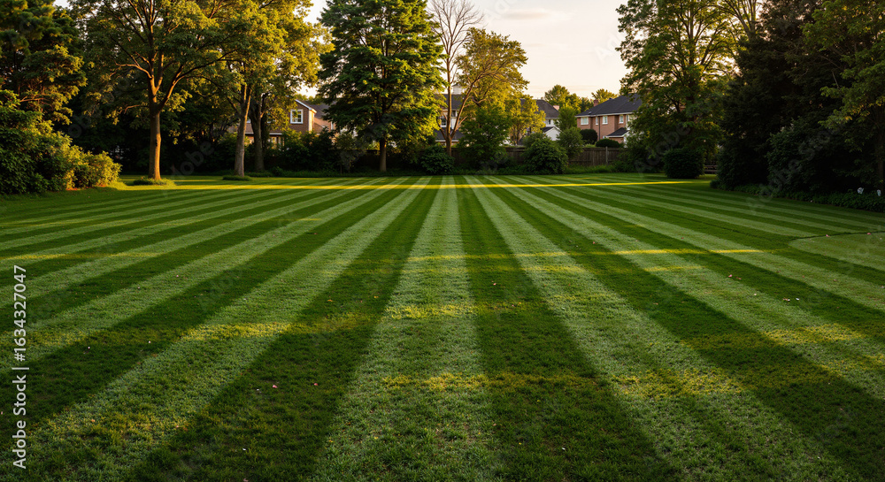 Fototapeta premium Lush green striped lawn with neatly mowed grass in sunlight 