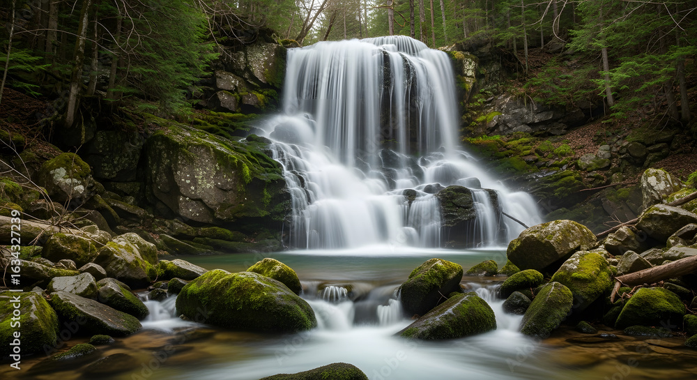 Fototapeta premium Silky smooth waterfall cascading over mossy rocks in a serene and tranquil green forest landscape. A long exposure shot capturing the beauty of nature.