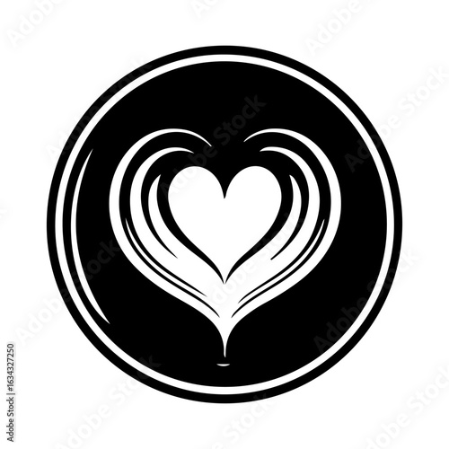 Black circle with white heart and latte art design love coffee