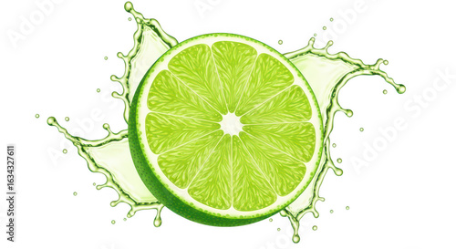 Fresh lime slice with juice splash isolated on transparent background