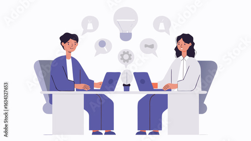 Two people at a desk with laptops generating ideas represented by lightbulbs and speech bubbles above them