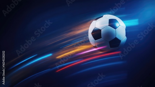 Soccer ball in motion with colorful light streaks on dark blue background sport speed 2025 football world cup 2026 download