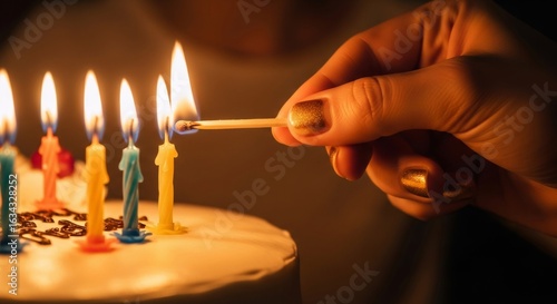 Wallpaper Mural Woman lighting a colorful birthday candle on a cake with a matchstick. Close up of hand igniting celebration candle. Torontodigital.ca