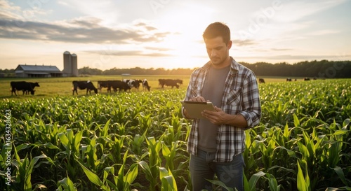 A man farmer using a digital tablet in a corn field at sunset. Smart farming and agricultural innovation concept for rural business.