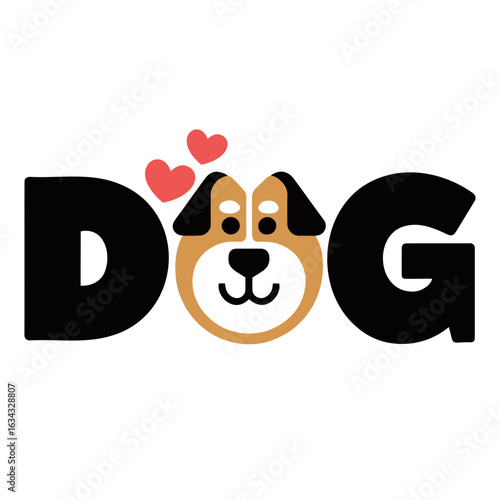 Dog text with a cartoon dog face replacing the o and two red hearts above the dog's head in black and tan