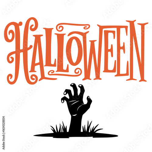 Halloween themed image with orange halloween text and a black zombie hand coming out of the ground