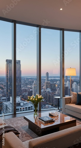 Panoramic city views from high rise living room