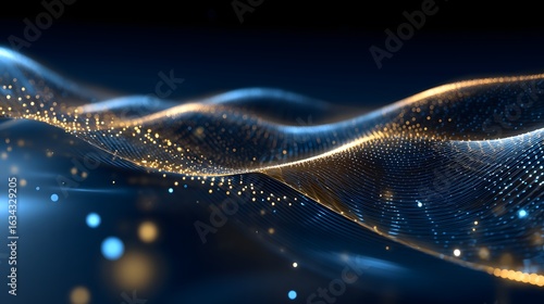 3D futuristic banking mesh background with golden highlights and glowing data bits