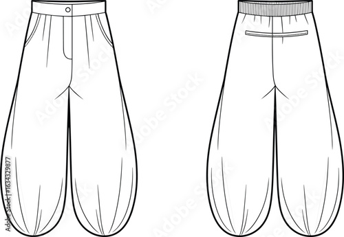 Wide-leg balloon pants CAD flat sketch with elastic back waist, front button closure, side pockets, rear welt pocket vector