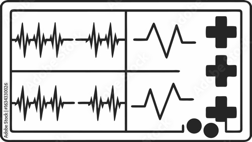 Illustration of a medical monitor displaying waveforms and plus signs in a black and white design style silhouette