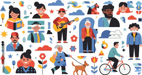 Diverse group of people engaged in various activities with abstract shapes and colorful design