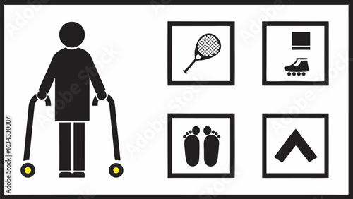 Illustration showing a person with a walker, tennis racket, roller skate, footprints, and an arrow sign silhouette