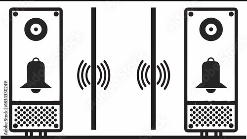 Two speakers with bells and sound waves emanating from walls in a black and white illustration silhouette