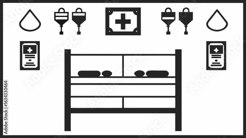 Illustration of a hospital room with beds iv drips medical charts and blood drops in black and white silhouette