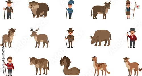 Collection of cartoon animals and people in various poses on a white background in a flat style
