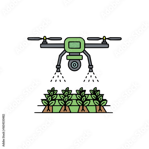 Farming drone with dual nozzles irrigating plants, advanced agricultural technology for sustainable food production
