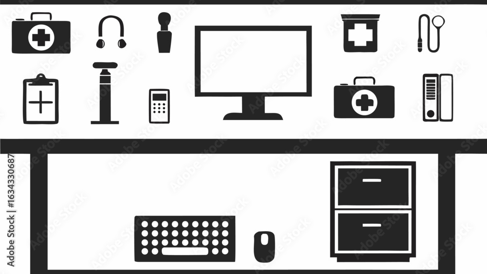 Illustration of a doctor's office desk with medical supplies and computer equipment in black and white silhouette Illustration of a doctor's office desk with medical supplies and computer equipment in black and white silhouette