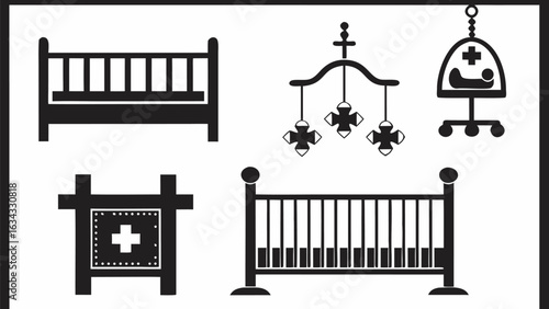 Illustration of baby cribs and baby mobiles in black and white nursery room decor for baby shower theme silhouette