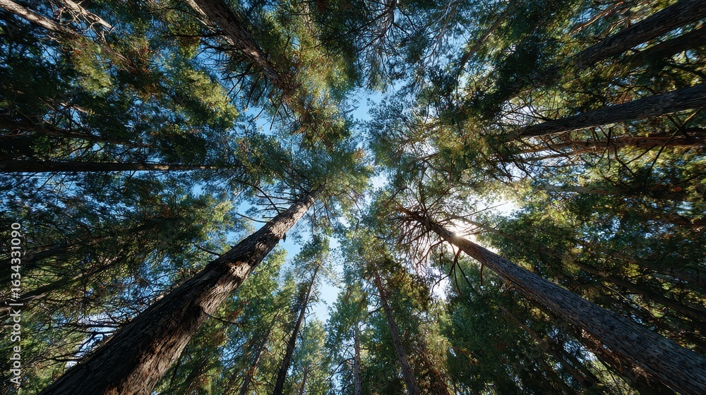 Fototapeta premium Majestic Canopy: A breathtaking perspective of towering trees reaching towards a clear sky, inviting viewers to experience the grandeur and tranquility of nature's cathedral.