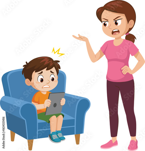 Woman scolding worried boy sitting on chair holding tablet, digital discipline, parenting conflict, child anxiety, technology limits, family interaction.
