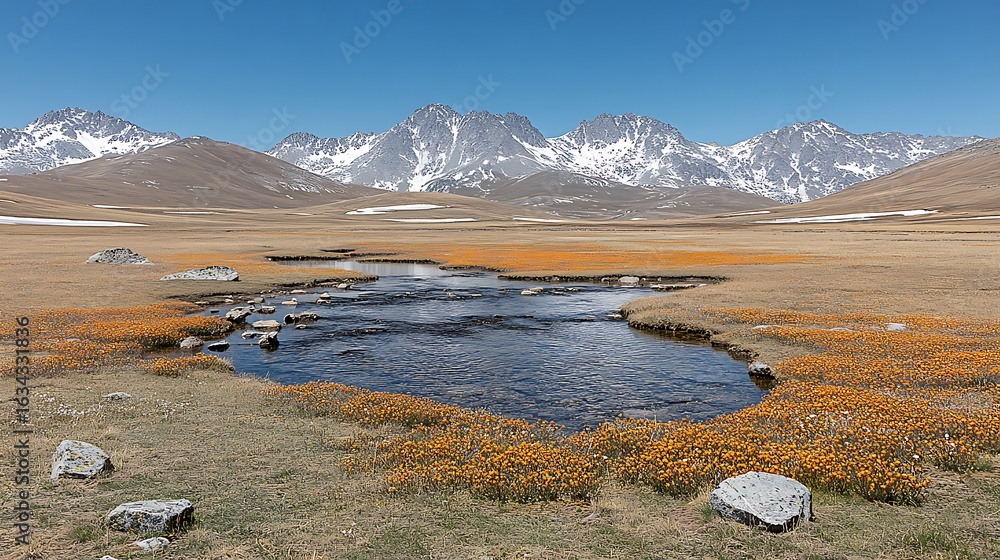 Fototapeta premium Mountain valley with a stream and wildflowers.