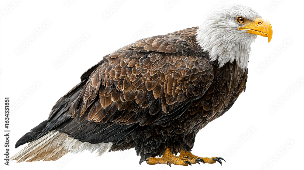 Obraz premium Bald Eagle standing, full body, side view, clipart on white background