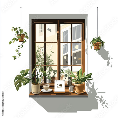a cozy cafe window with plant