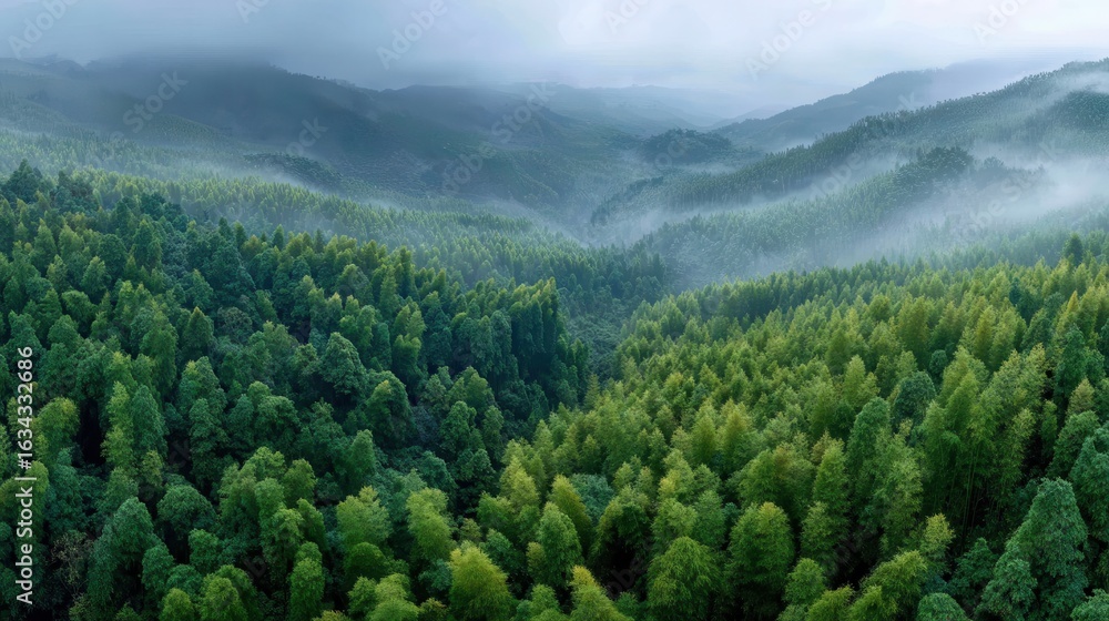 Obraz premium Green Forest Panorama: A stunning aerial view of a verdant forest and mist-covered mountains. The fresh, vibrant green hues of the trees provide a serene contrast to the misty sky.