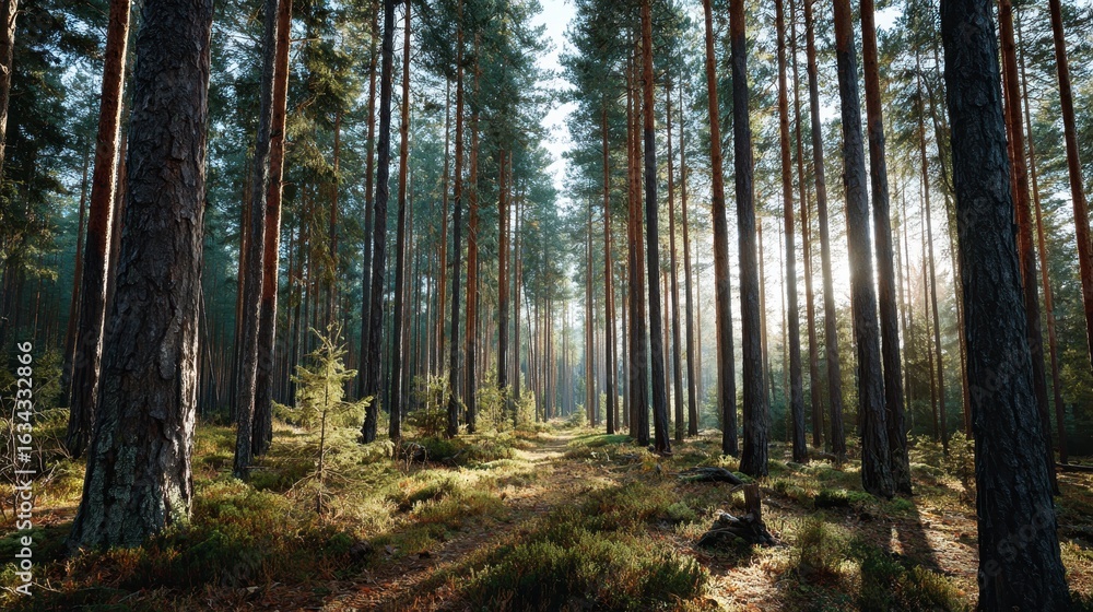 Fototapeta premium Sunlit Forest Path: A captivating woodland scene showcasing a sun-dappled pathway weaving through towering evergreen trees, creating a sense of tranquility and natural beauty.