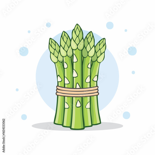 Illustrative depiction of a bundled asparagus arrangement against a light blue backdrop