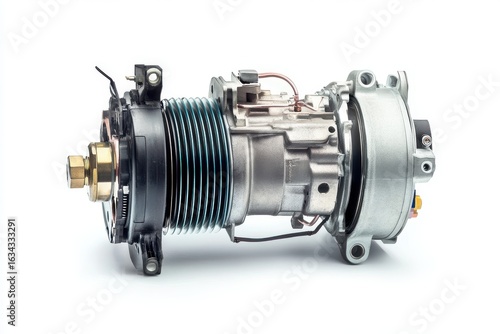 Metal automotive air conditioning compressor isolated on white background