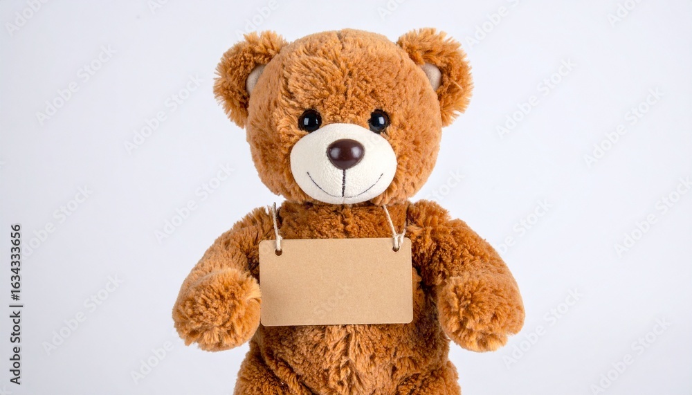 Obraz premium The photo depicts a brown plush teddy bear holding a cardboard card. The background is light and solid, highlighting the soft texture of the teddy bear and the box. The a