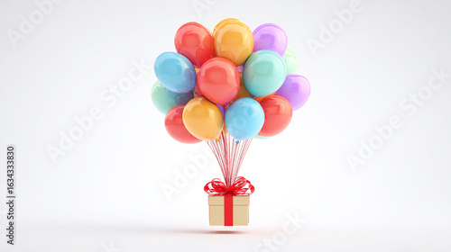 A gift box with colorful balloons popping out, a red ribbon tied around the bottom of it, isolated on a white background.