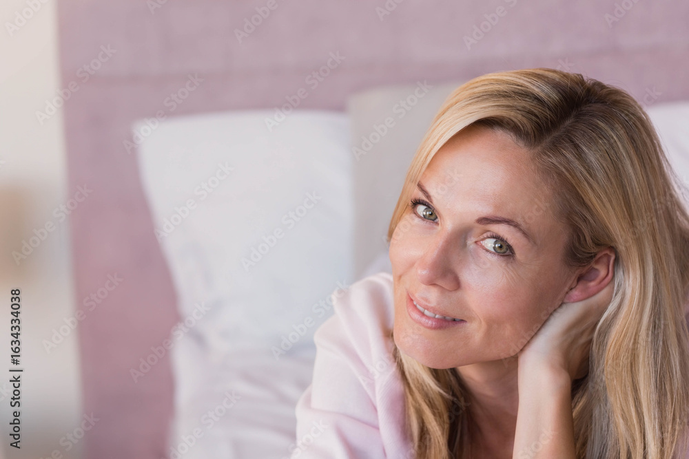 Woman reclining on bed in bedroom with headboard and pillow while smiling toward camera, copy space Woman reclining on bed in bedroom with headboard and pillow while smiling toward camera, copy space