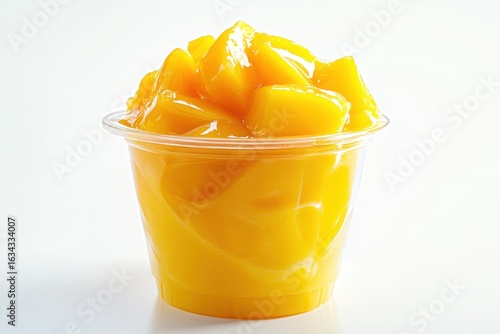 Fresh mango smoothie topped with cubed mango isolated on white background