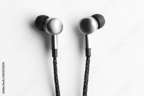 Pair of metal in ear headphones isolated on white background