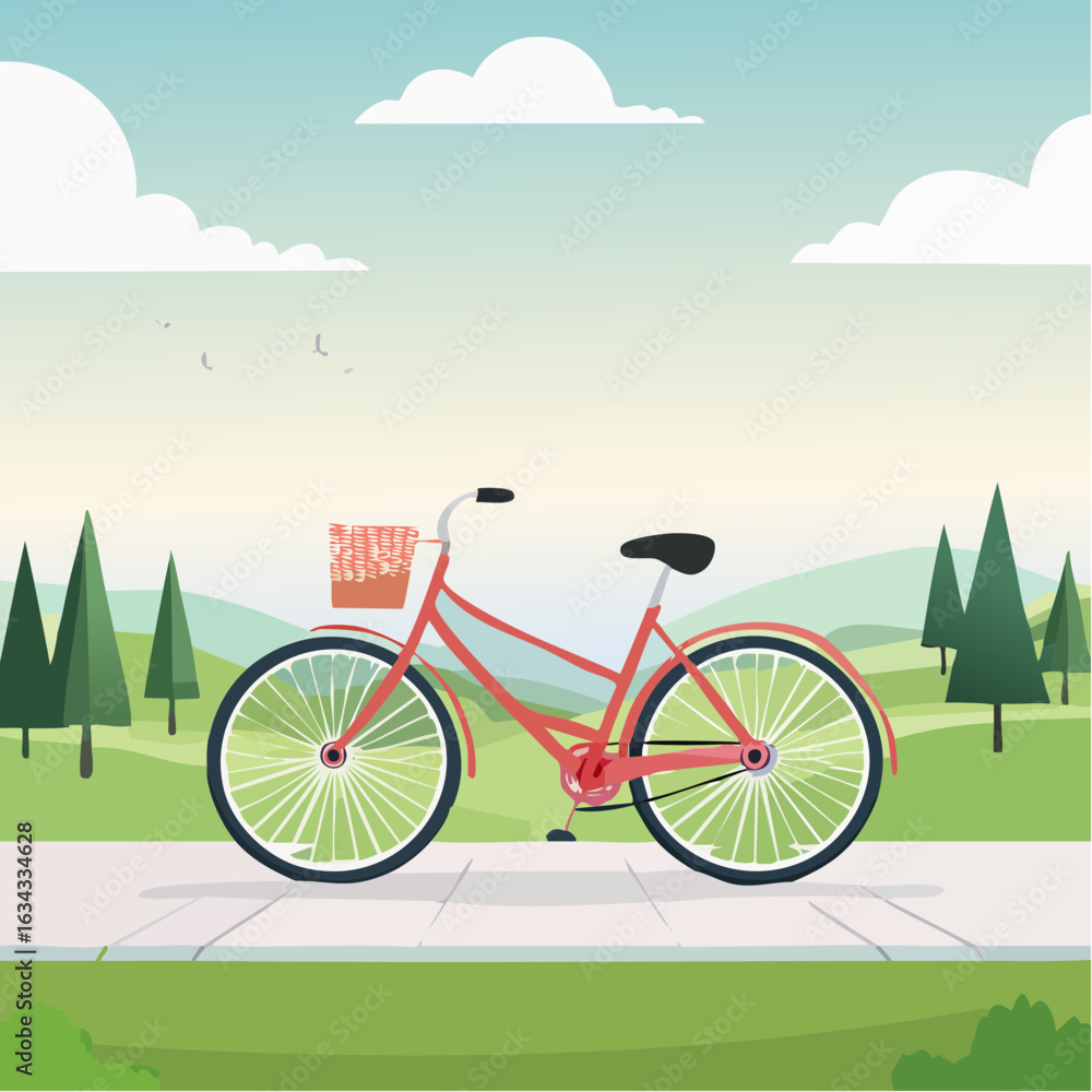 Naklejka premium Whimsical bike ride illustration in a scenic park landscape with trees and clouds