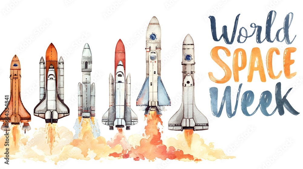 Naklejka premium World Space Week featuring rockets taking off, promoting space exploration