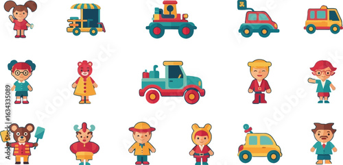 Flat design of cartoon characters and vehicles on a dark blue background in a simple and playful style