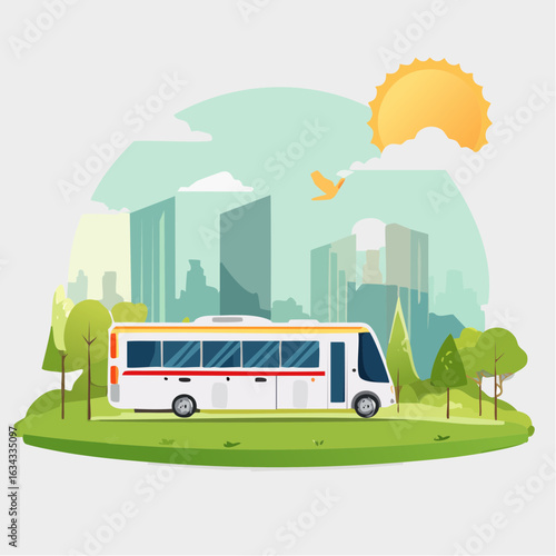 Cartoon bus driving through a scenic city park on a sunny day illustration