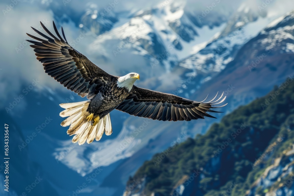 Obraz premium An American Bald Eagle soaring over a mountains in daytime. Neural network ai generated