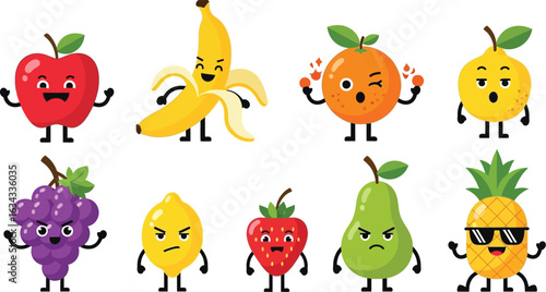 Cartoon fruits with various expressions including happy angry and surprised on a white background