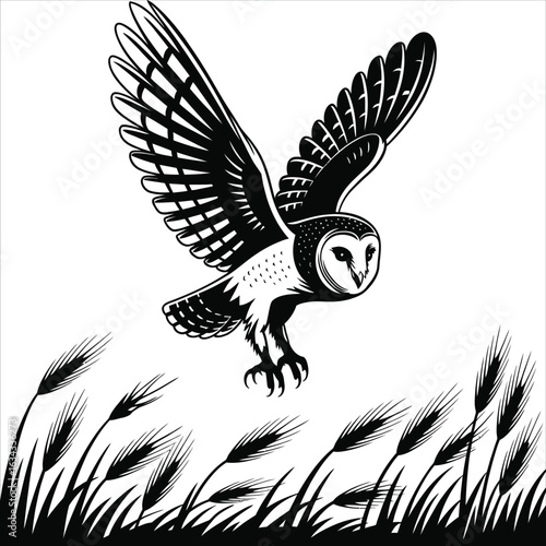 A graphic black and white illustration of a barn owl in flight, descending with wings spread over a field of wheat or barley.