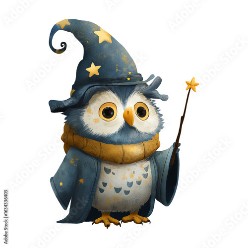 Magical wizard owl cartoon character with a starry hat and wand Isolated on Transparent Background