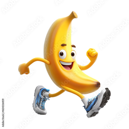 Silly banana cartoon character with a big grin and running shoes Isolated on Transparent Background